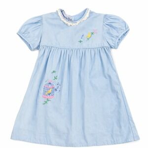 Vintage Ross Maid Toddler Dress 3T Blue Embroidered Bird Cottagecore Lace Collar